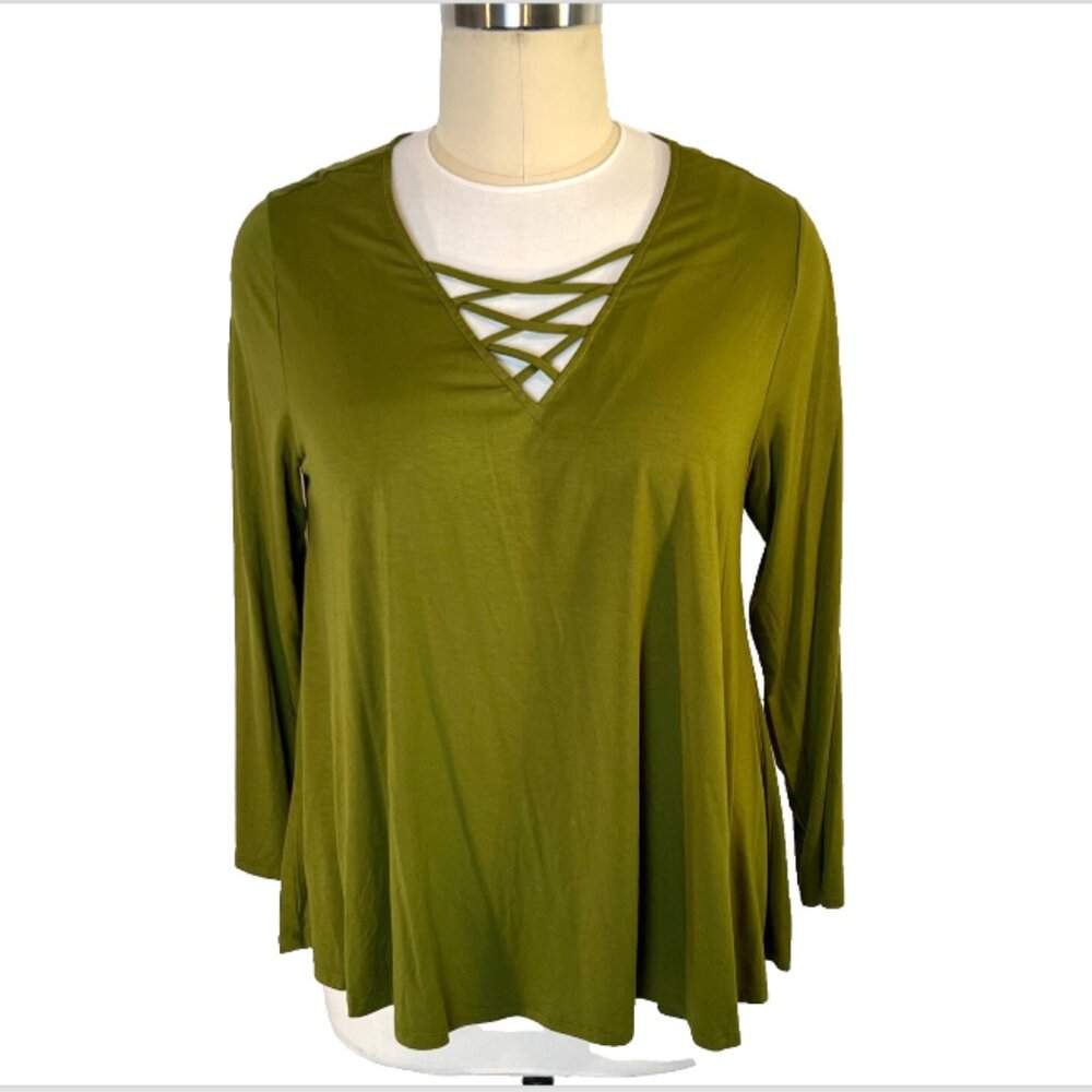 Grace NWOT Women's 2X Tunic Blouse Cage VNeck Long Sleeve Olive Green